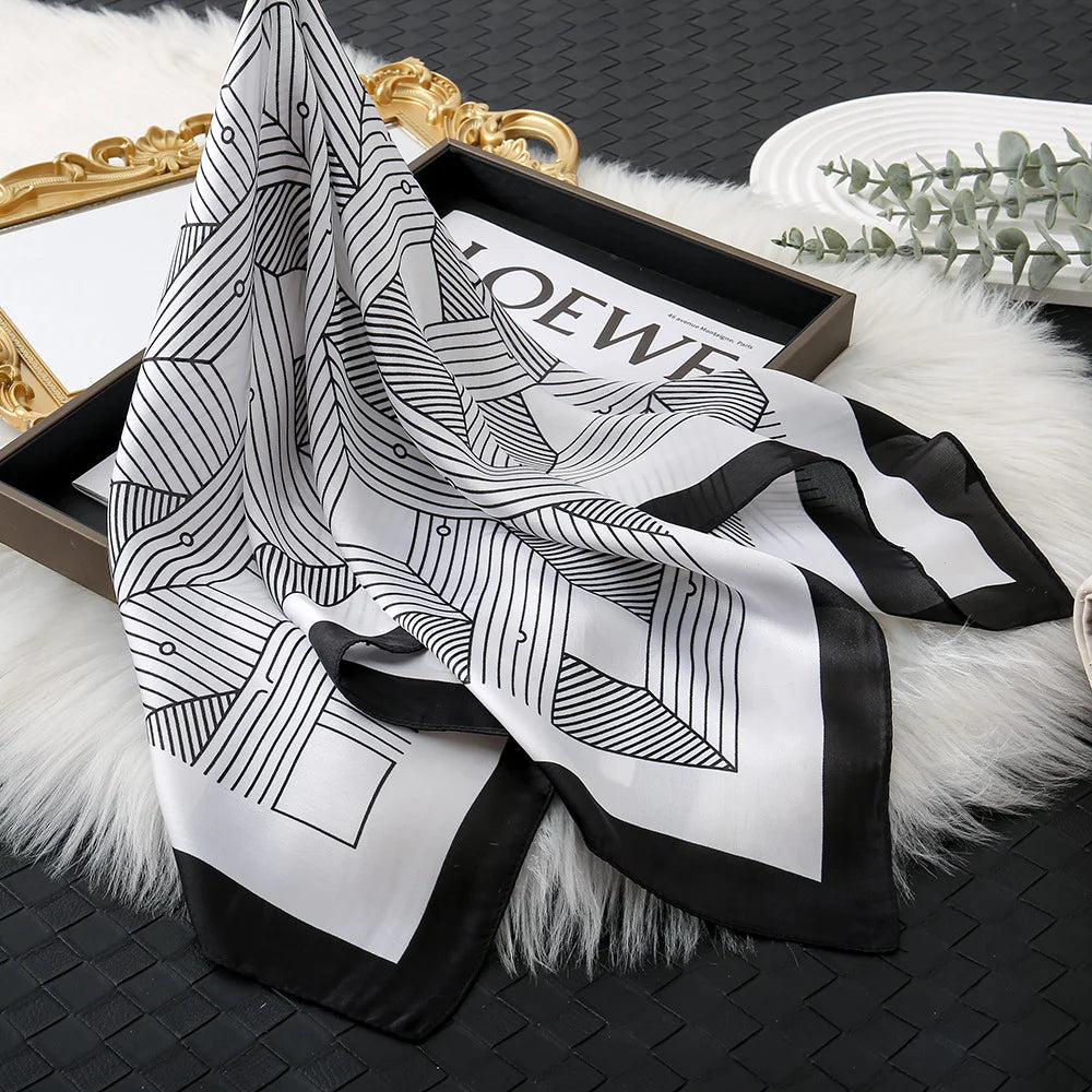 68cm Striped Geometric Pattern Silk Scarf for Women Imitation Silk Fresh and Versatile Headwear Clothing Square Scarf