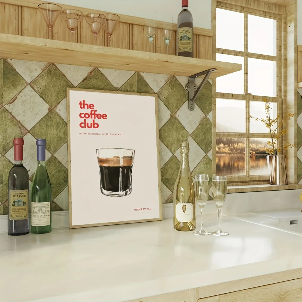 Retro Coffee Club Canvas Print Chic Food Beverage Beige Background Wall Art Posters for Modern Living Room Bedroom Home Decor