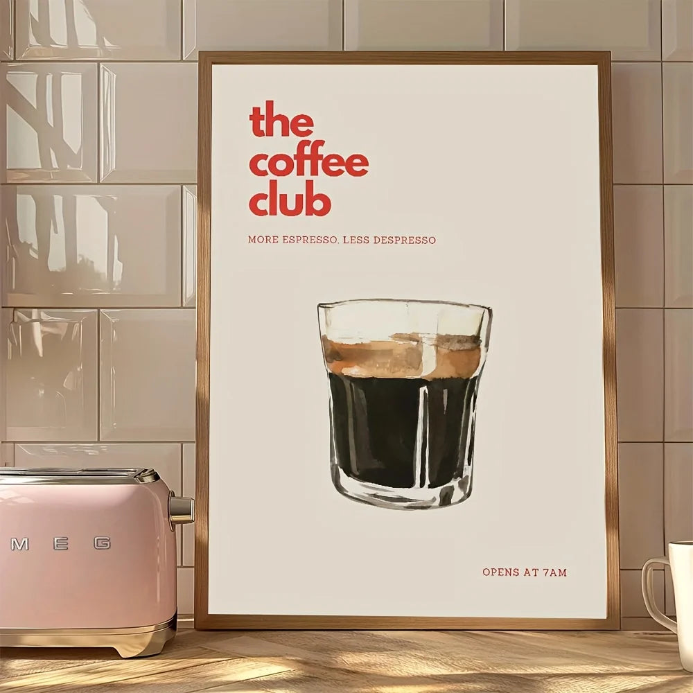 Retro Coffee Club Canvas Print Chic Food Beverage Beige Background Wall Art Posters for Modern Living Room Bedroom Home Decor