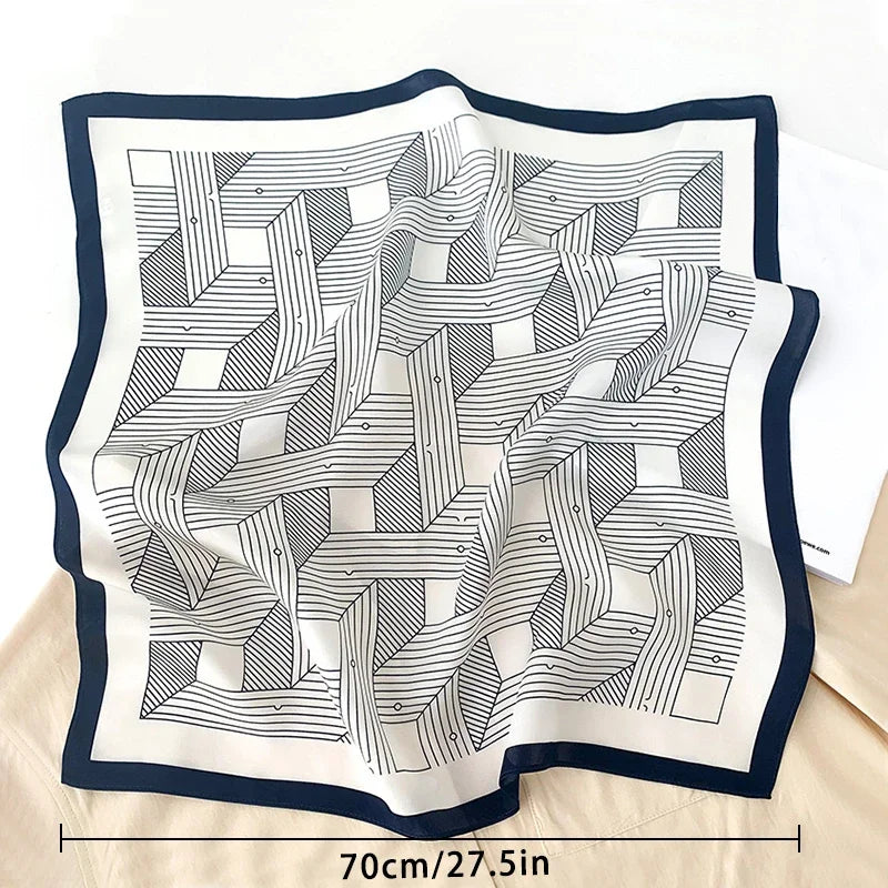 68cm Striped Geometric Pattern Silk Scarf for Women Imitation Silk Fresh and Versatile Headwear Clothing Square Scarf